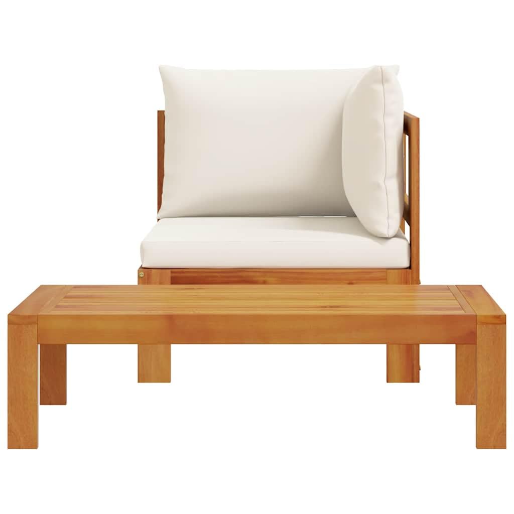 Salon de Jardin modulable en Bois Massif Acacia avec Coussins rembourrés Blanc crème pour terrasse Balcon Patio véranda, Ensemble canapé 2 pièces avec Table, Assise et Dossier Confortables
