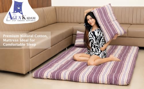 Image of Queen Size Floor Mattress, 5 x 6 Feet | 6-Layer Comfort, Foldable Gadda, For Couples and Guests, Mehroon and White Stripes