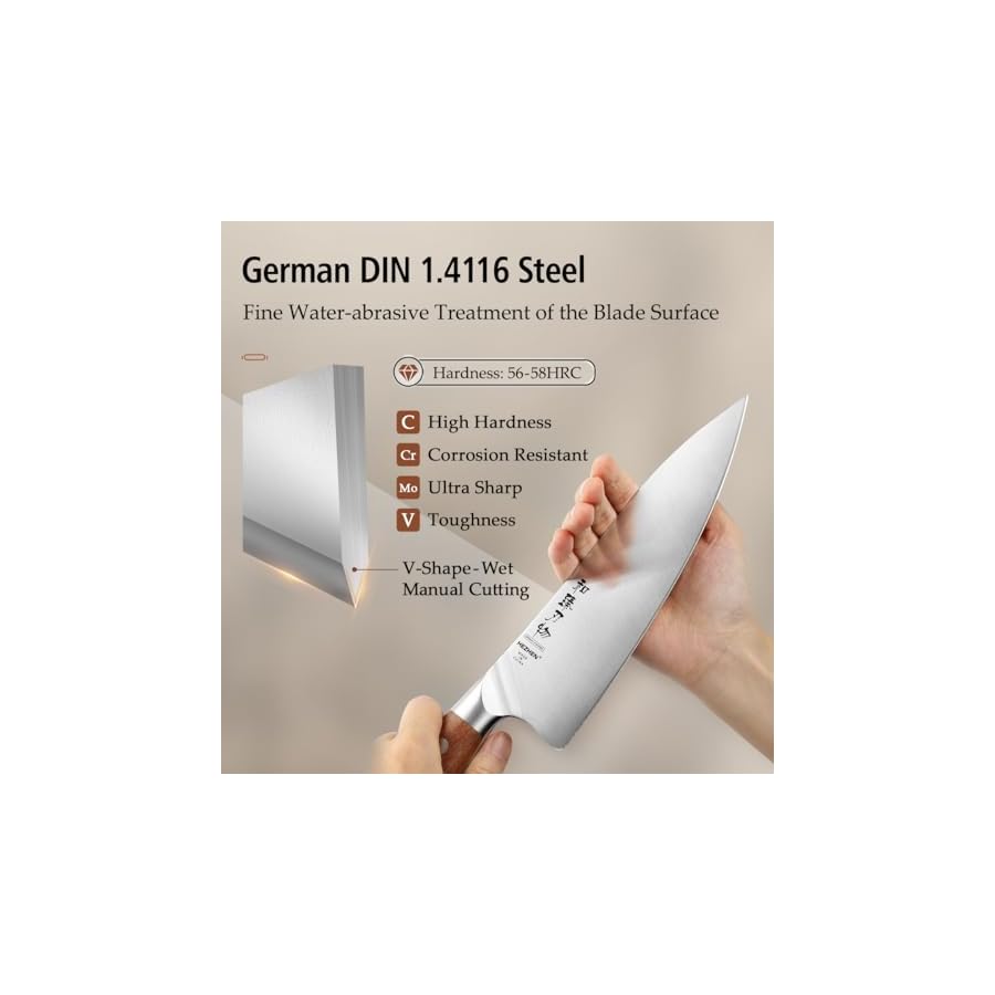 HEZHEN Pro Chefs Knives 8.3 Inch, High Carbon German 1.4116 Steel, Stainless Steel Rivets with Red Wood Handle, Razor Sharp, Super Edge, with Woodend Knife Sheath