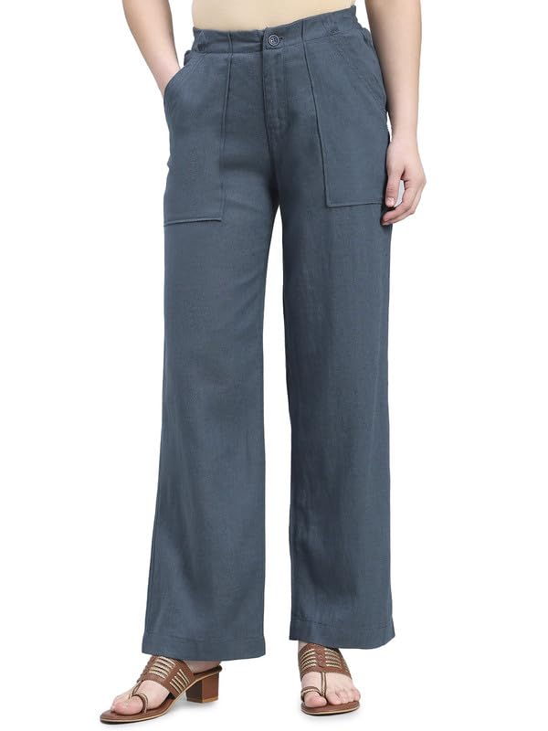 Image of GO COLORS Solid Linen Cargo Pants for Women | Full Length, Mid Rise, Side Pockets