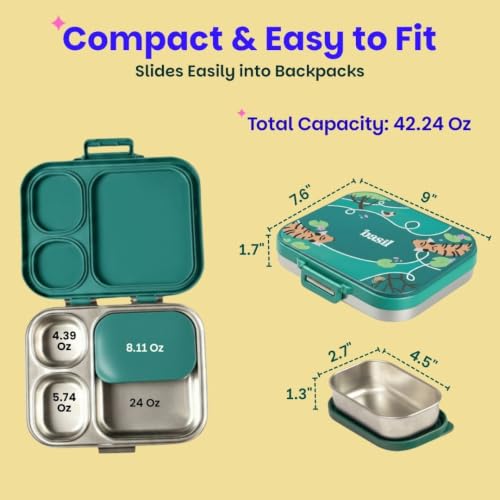 Image of Basil Bento Box Quad Plus - 3+1 Compartment Stainless Steel Lunch Box (1020ml) with BPA-Free Lid | Leak-Proof Tiffin for Kids & Adults | Premium Lunch Box for School, Office & Picnic - Bengal Bagh