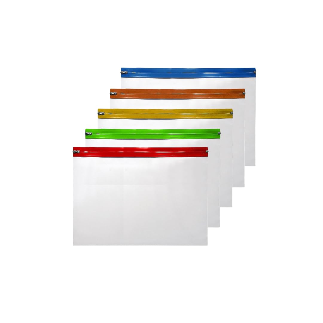 AIBULO Pack of 5 A3 Size Zipper File Folders – Transparent Plastic Pouches with Brightly Coloured Zips – Large A3 Document Wallets for Filing, Art Portfolios, Office, School & Home Organisation