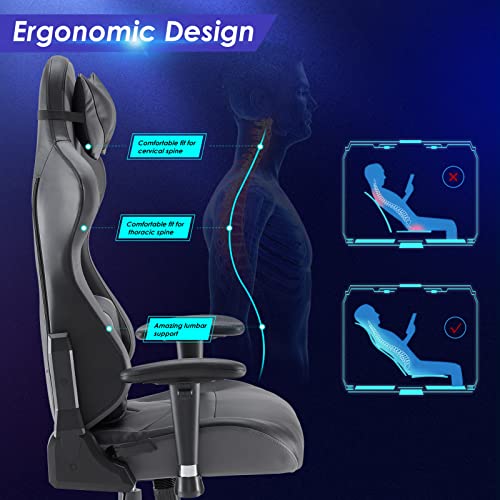 Sunon Gaming Chair Ergonomic Video Game Chair High Back Office Computer Chair Racing Style with Headrest and Lumbar Support (Black & Grey, Leather) - Image 2