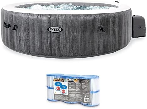 INTEX PureSpa Plus Greywood 6 Person Inflatable 85" Round Hot Tub Bubble Jet Spa and Easy Set Type S1 Replacement Filter Pump Cartridges (6 Pack)
