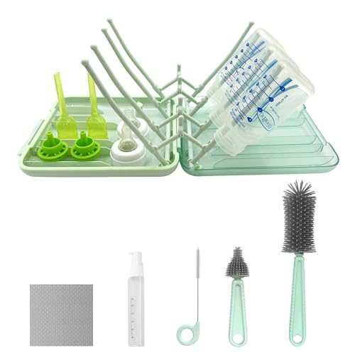 Image of Baby Bottle Brush, 7 in 1 Travel Bottle Cleaner Kit with Silicone Bottle Brush, Nipple Brush, Straw Brush, Soap Dispenser, Bottle Drying Rack, Dishcloths, Portable Essentials for Home and Travel-Green