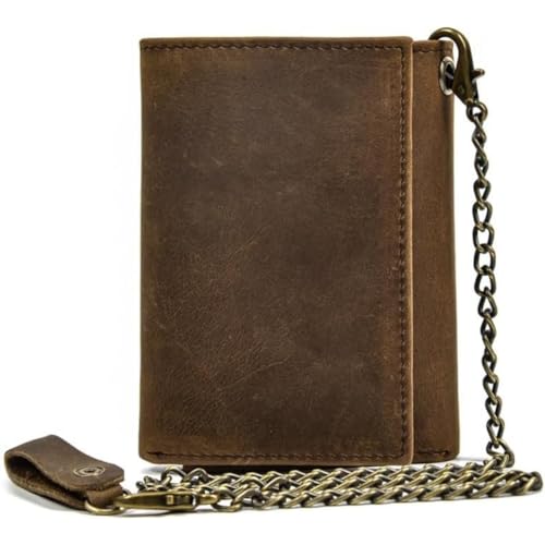 Genuine Leather Wallet for Men Retro Trifold Wallet with Chain RFID Blocking Anti-Theft Card Slots and Secure Handmade Leather Construction (Brown)
