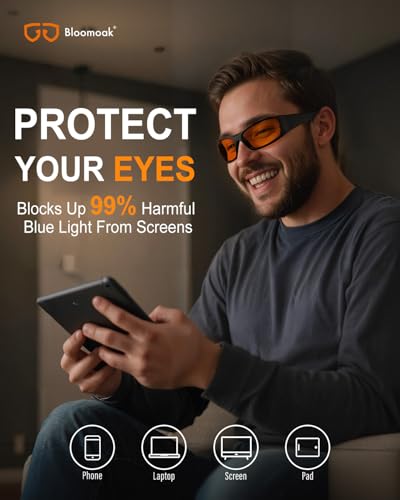 Image of Bloomoak 99% Blue Light Blocking Glasses, Nighttime Sleep Glasses, Gaming Glasses, Wraparound Blocks Top, Side And Front Blue Lights, For Night Use Computers,Tablets,Phones, Orange