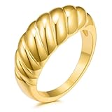 JINEAR 18k Gold Plated Croissant Braided Twisted Signet Chunky Dome Ring Stacking Star Band for Women and Men Statement Wedding Ring Minimalist Jewelry Size 5 to 10, Metal, No Gemstone Image