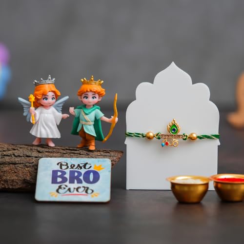 Image of eCraftIndia Rakhi for Brother with Best Bro Ever Fridge Magnet, Prince & Angel Showpieces and Roli Chawal | Peacock Feather Om Designer Rakhi | Raksha Bandhan Gift Combo for Brother