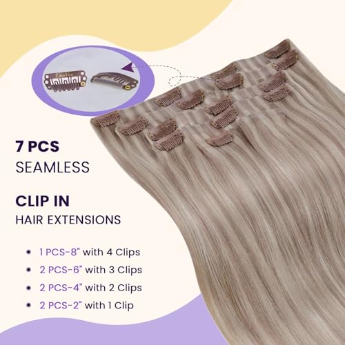 Image of LaaVoo Seamless Clip in Hair Extensions Human Hair Blonde Highlights Human Hair Clip in Extensions Highlights Seamless Clip ins Human Hair Extension Full Head 22Inch 7pcs 140g