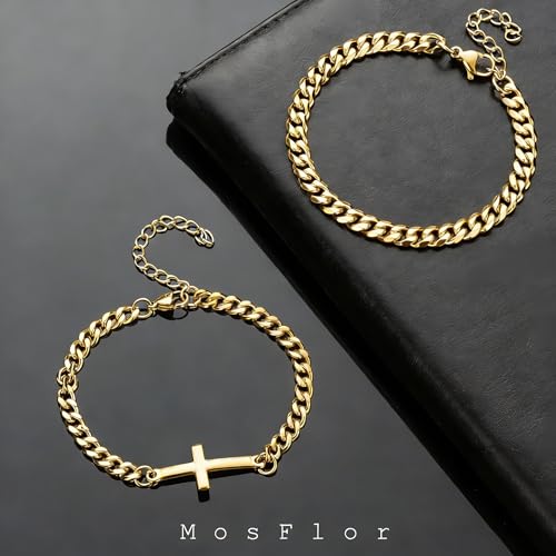 MosFlor Gold Cross Bracelets for Men, Mens Gold Bracelet Set Stainless Steel Cuban Link Chain Bracelets Stack Gold Jewelry Men's Accessories Gifts for Men Dad Him Husband Son Boyfriend by MosFlor - Used condition - Image 7