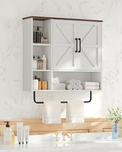 Bathroom Wall Cabinet, Medicine Cabinet Wall Mounted, Over Toilet Storage Cabinet, Wall Cabinet with Towel Bar, Open and Hidden Storage Space, for Bathroom Living Room Kitchen White and Walnut