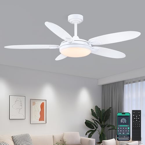 137 cm Ventiladores de techo con luces y control remoto, Ventilador exterior Blanco con 3 colores dimmables y 6 velocidades, Motor DC reversible silencioso, Moderno LED para salón, patio, cocina