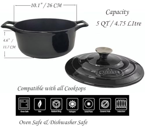 Image of La Cuisine Enameled Cast Iron Dutch Oven Casserole Pot with Lid, Internal Matte Black Enamel Coating 5 QT 10.5 inch / 26cm O For GalssTop Stove, Oven-Safe 550F /276C Glossy Black