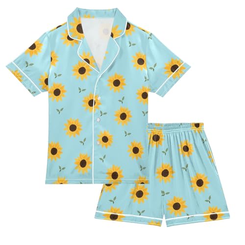 Cute Simple Sunflower Summer Satin Pajama Set, Cute Button-Down Sleepwear Pj Set for Sleep Wears