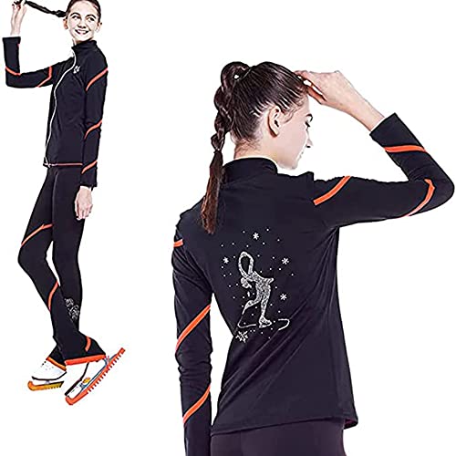 Calças de lã para meninas patinação artística espiral calça preta para mulheres, Laranja, 8-10 Years