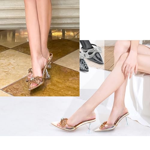 JENN ARDOR Women’s Heels for Bride Sparkly Low Heels Slingback Pumps 3.4 inch Clear Kitten Heels Wedding with Rhinestones Bow Pumps Pointed Toe Sandals Dress Shoes for Prom Party Dating2
