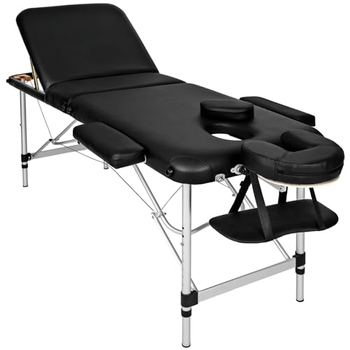 tectake® Camilla Masaje Plegable de Aluminio, Camilla Estética Profesional, Quiromasaje, Tatuajes, Reiki, Camilla Profesional para Fisioterapia, Altura Ajustable, 3 Zonas, con Bolsa Transporte - negro