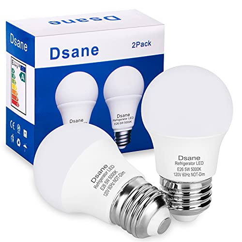 Dsane LED Refrigerator Light Bulb 40Watt Equivalent 120V A15 Fridge Waterproof Standard Bulbs 5W Daylight White 5000K E26 Medium Base, Freezer Kitchen Ceiling Home Lighting Lamp Non-dimmable (2 Pack)