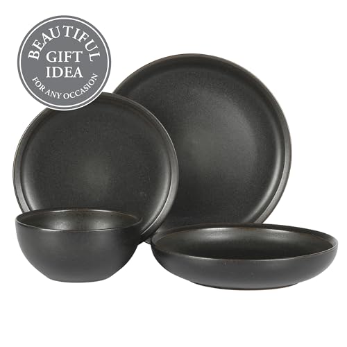 Image of Gibson Elite Beckett Stoneware Matte Reactive Glaze 16 Piece (Service for 4) Plates and Bowls Dinnerware Set - Black