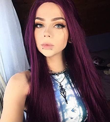 Long Straight Purple Synthetic Lace Front Wig Heat Resistant Fiber Middle Parting for Women (24 Inch, Purple/straight)