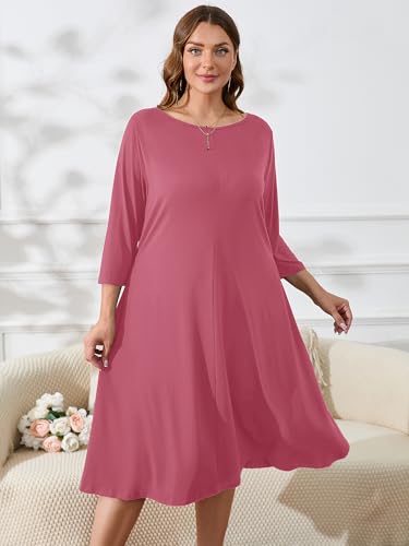 Image of AusLook Women's Plus Midi Dresses Crew Neck A Line 3 /4 Sleeves Casual Elegant Loose Wedding Vacation Dress with Pockets