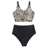 ZAFUL Damen Leopard Animal Print Verknotet Hoch Taillierter Zweiteiliger Tankini Badeanzug (Leopard,XL)
