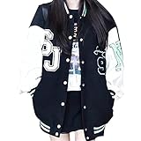  Onsoyours Veste de Baseball Femme Vintage Blouson Bomber Casual à Manches Longues Veste Collège Varsity Coupe-Vent Baseball Blouson Sweat Veste D Noir M