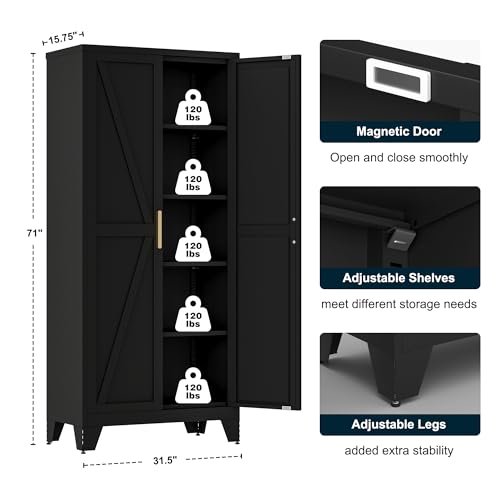 Image of LCAOPC 71 inch Tall Metal Storage Cabinet with 2 Doors and 4 Adjustable Shelves, 5-Tier Kitchen Pantry Storage Cabinet for Kitchen, Living Room, Dining Room and Office, Black
