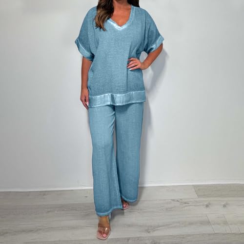 Plus Size 2 Piece Outfits for Women Short Sleeve V Neck Tunic Shirt and Straight Leg Pants Suits with Pockets3