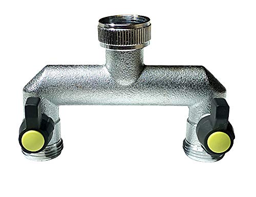 U-Verteiler 2er mit Absperrung flachdichtend und, massive Ausführung aus vernickeltem Messing, Schlauchanschlußgewinde 3/4 Zoll Außengewinde, mit 2 Absperr Hähnen, die schöne & haltbare Alternative zu Kunststoffverteilern - Passt auf das übliche 3/4" Wasserhahngewinde (Waschmaschine, Garten) Cover