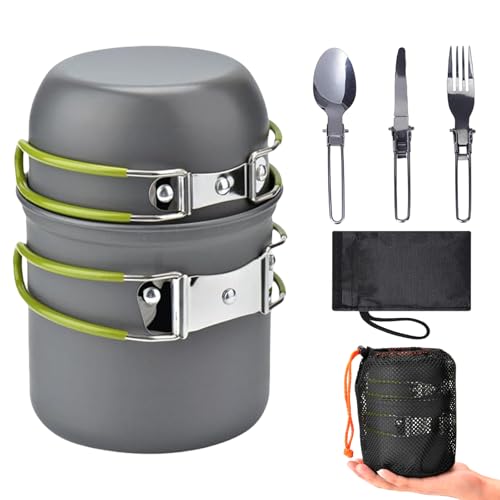 Camping Cooking Set for 1-2 Person, Portable Camping Cookware, Non-stick Aluminium Camping Pots Mess Kit with Foldable Utensils for Camping Hiking Picnic