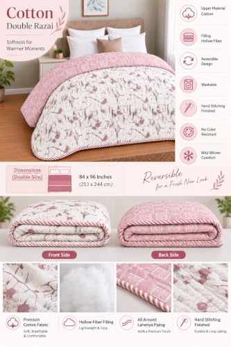 Image of RRC Jaipuri Floral Print Double Bed Razai | Cotton Lightweight AC Quilt | Soft Jaipuri Rajai | 200 GSM| Double Bed Quilt Pack of 1