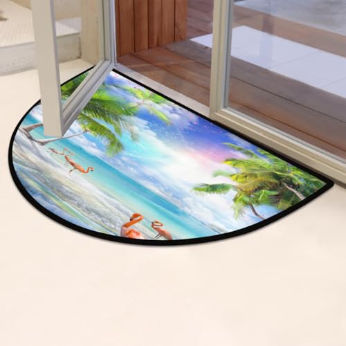 Image of Half Round Doormat Summer Flamingo Flower Non Slip Half Circle Area Rugs Indoor Washable Half Moon Rug Semi Circle Bathroom Runner Mat Entrance Floor Carpet for Kithen Bedroom Fireplace Decor