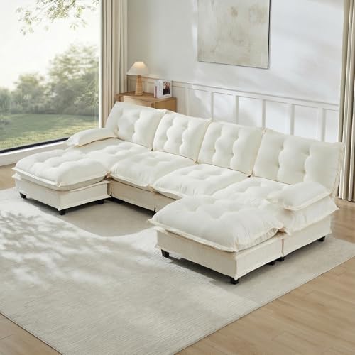 Image of 138 inch U-Shaped Sectional Couches for Living Room, Beige 4 Seater Modern Chenille Deep Seat Sofa Set, Salas para Casa, High Back Cloud Couch Modular Sectional Sets with 2 Ottoman
