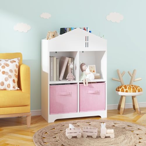 Tzou Kids Dollhouse Bookcase with Storage, Toddler Bookshelf, 2-Tier Storage Display Organizer with 2 Collapsible Fabric Drawers for Boys Girls Bedroom, Playroom House Bookshelf White+Pink
