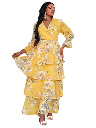 Image of Spring Summer 2024 Plus Size Womens Dresses V Neck Casual Elegant Long Sleeve Floral Print Maxi Dress