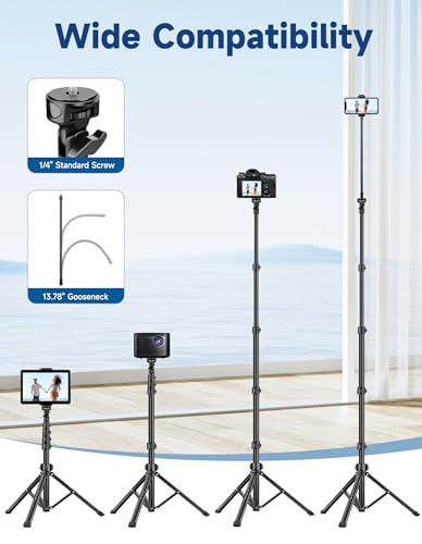 Image of Phone Tripod Stand, 85 inch Tall Cellphone Tripod for iPhone with Gooseneck Remote, Flexible Portable Phone Stand for Recording, Compatible with iPhone 14 13 12 Pro Android Camera