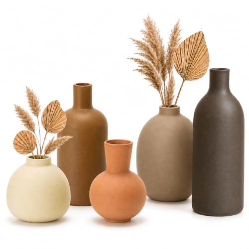 Neutral Ceramic Vase Set – 5 Matte Earth-Tone Vases for Japandi, Scandinavian, or Minimalist Home Decor, Table, Entryway, Shelf & Mantel Styling