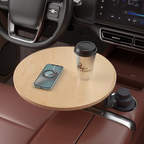Car Tray & Car Desk for Laptop, 360° Rotating Wood Cup Holder Table, Steering Wheel Tray, Car Accessories for Women & Men,Compatible with Tesla Model Y/3/S, Ford F150/Explorer/Maverick & Most Vehicles