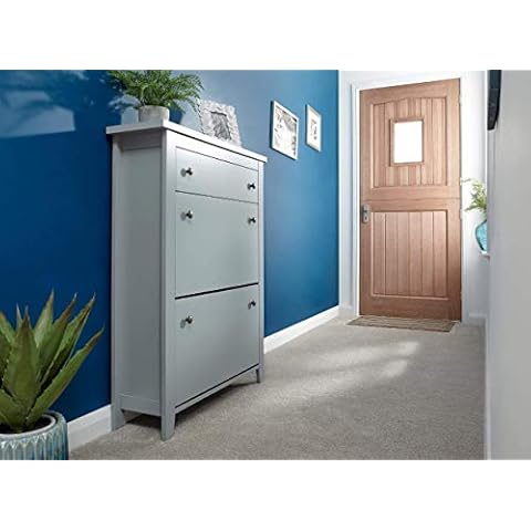 GFW Wooden Hallway Storage Organiser Cupboard Stores Up to 12 Shoes. Slim Entryway Cabinets for Home, Oak, Grey, H108.5cm x W80cm x D25cm Cover