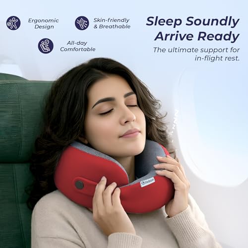 Image of Billebon Memory Foam Neck Pillow, Snake Shape Travel Pillow with Snap Button, Neck Pillow for Travelling & Flight Travel, Ergonomic Support for Comfort & Pain Relief(Red Single)