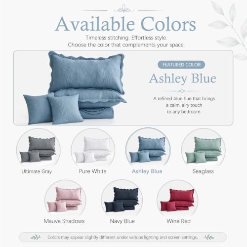 Image of HZ & HY Oversized King Bedspread, Embossed Damask Quilt Set King /Cal King, Lightweight Reversible Coverlet, Scalloped Edge - Calm Blue Classic Look, 5 Piece, Ashley Blue