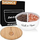 Signice Ceramic Salt and Pepper Bowls Salt Cellar with Bamboo Lid and Spoon Farmhouse Salt Box Holder Pepper Container Set with Two Compartments for Countertop Modern Kitchen Decor (White)