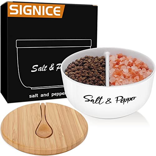 Ceramic Salt And Pepper Bowls - Signice Salt Cellar With Bamboo Lid And Spoon, Farmhouse Salt Box Holder Pepper Container Set With Two Compartments For Countertop, Modern Kitchen Decor (White) #TOP6