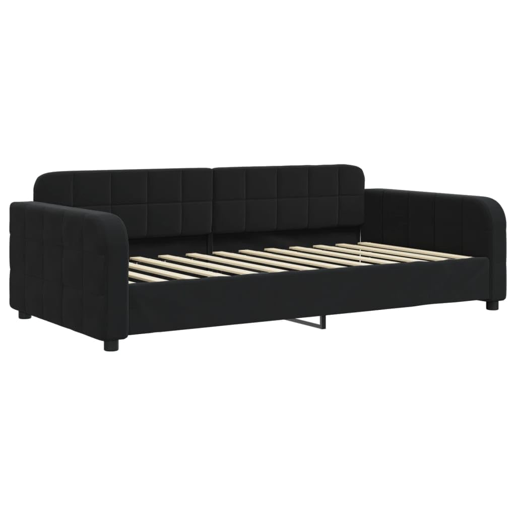 Sofa z funkcją spania czarna aksamit 90x200 cm rozkładana kanapa z materacem nowoczesna tapicerowana podwójne zastosowanie do salonu i sypialni metalowa rama i drewno gościnna dzienna z pojemnikiem