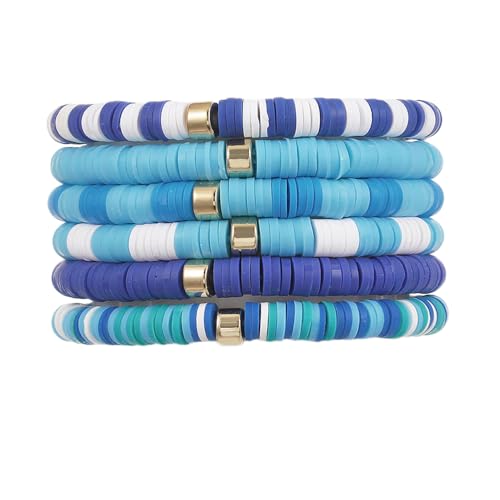 Image of COLORFUL BLING 6Pcs /Set Bohemia Heishi Clay Surfer Bead Stretch Bracelets Vinyl Disc Polymer Stackable Layering Bracelet Set Preppy Summer Beach Jewelry for Women