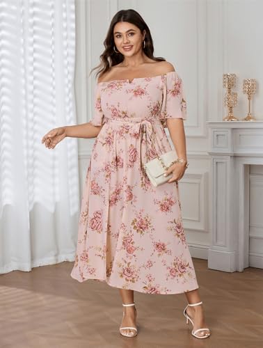 Image of SCOMCHIC Womens Plus Size Formal Dresses Off The Shoulder Wedding Guest Cocktail A-Line Split Maxi Dress with Pockets