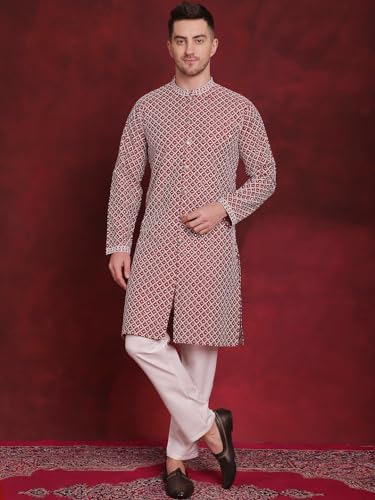 Image of Jompers Men's Silk Blend Regular Fit Sequin Chikankari Front Open Kurtas