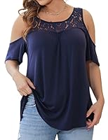 Plusashion Women's Plus Size Tops Dressy Casual Tunics Blouses Cold Shoulder Shirts Short Sleeve, Navy Blue-0X